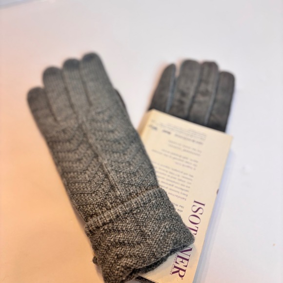 Isotoner Womens Knit Gloves Gray Suede Trim Winter Accessories  early 90s NWT - Picture 3 of 5